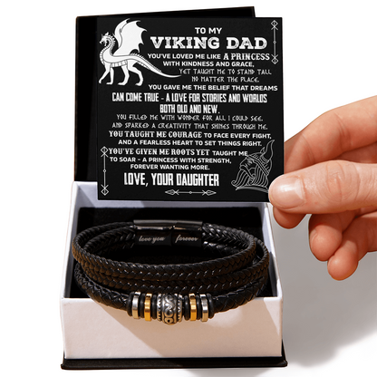 To My Viking Dad Vegan Leather Bracelet Birthday, Father's Day Gift from Daughter with Viking Dragon “Princess Strength” Message Card - Mallard Moon Gift Shop