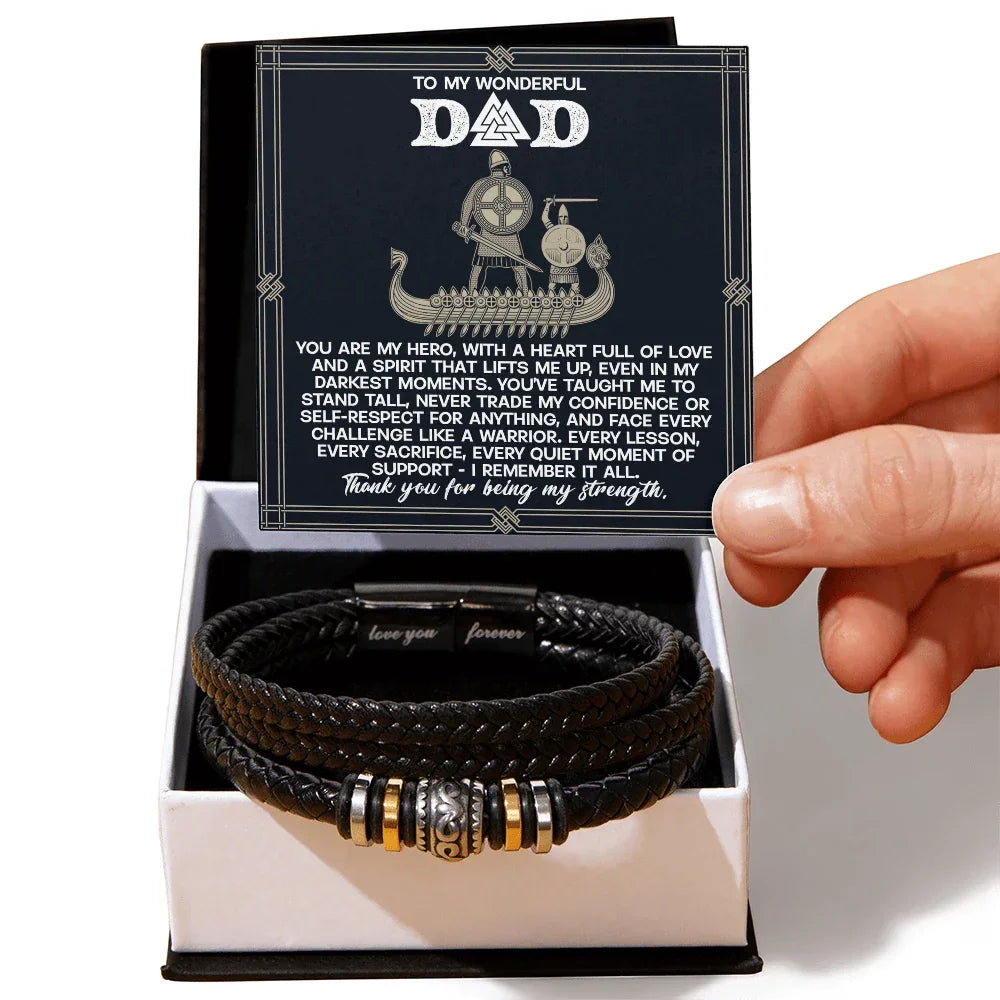 Dad - You are my Hero - Braided Vegan Leather Bracelet with Viking Heartfelt Message Card Birthday, Father's Day, Christmas Gift