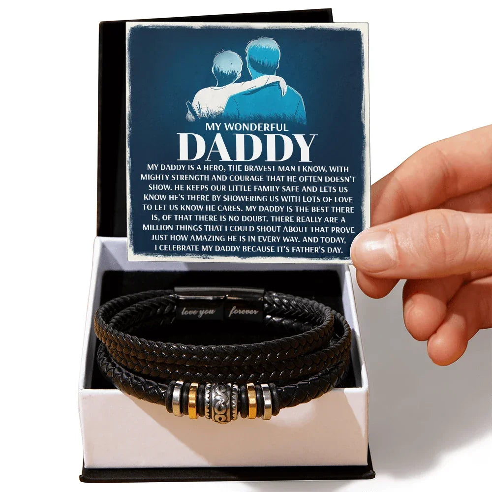 My Wonderful Daddy - Men's Vegan Leather Bracelet with Message Card - Meaningful Gift for Dad from Son or Daughter