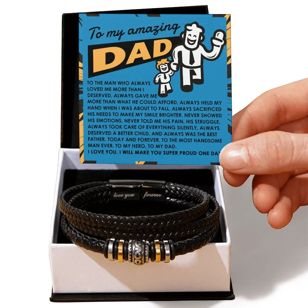 To My Amazing Dad Vegan Leather Bracelet Birthday, Father's Day Gift - with Comic-Style “Handsome Hero” Message Card