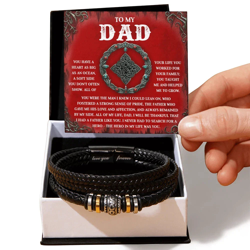 To My Dad Vegan Leather Bracelet Birthday, Father's Day Gift with Celtic-Inspired “Ocean Heart” Message Card