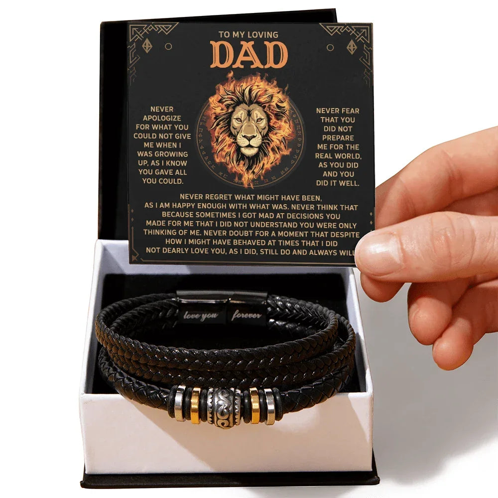To My Loving Dad Leather Bracelet Gift – Unconditional Love and Appreciation Lion Message Card - Thoughtful Father's Day or Birthday Gift from Son or Daughter