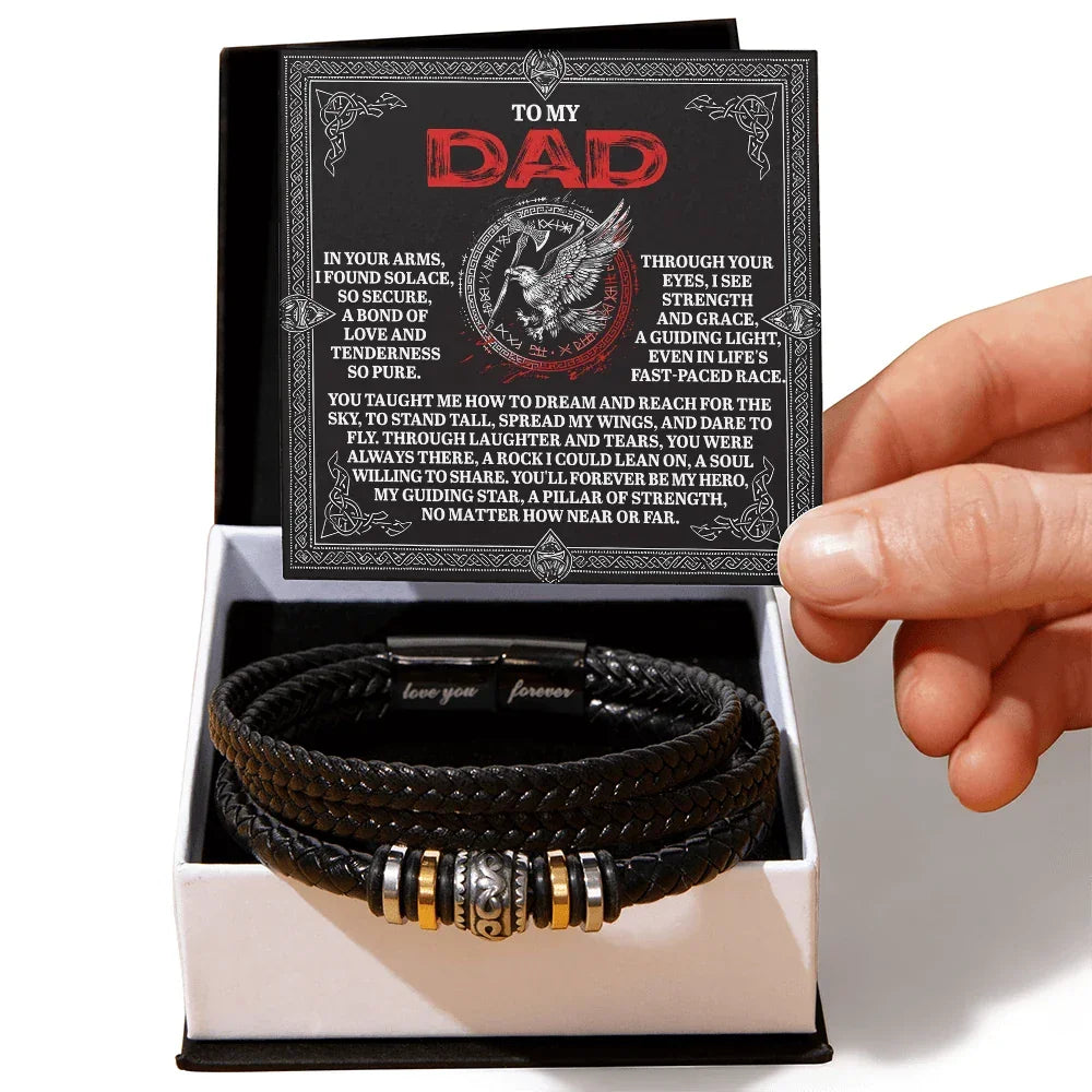 To My Dad Father's Day Gift - Men's Vegan Leather Bracelet with Bold Viking-Inspired “Guiding Light” Message Card -- Meaningful Gift for Dad from Son or Daughter