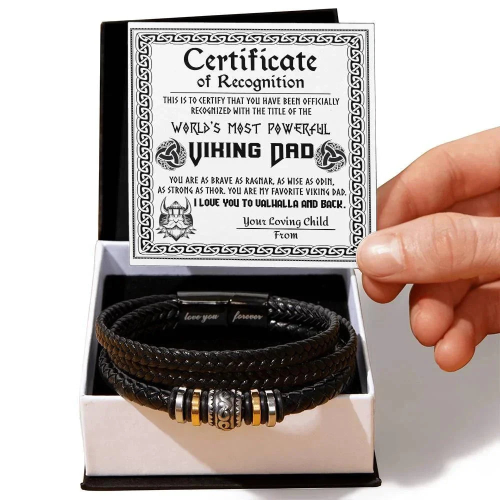 World’s Most Powerful Viking Dad Bracelet – Personalized Certificate Gift from Your Loving Child – Brave, Wise, Strong Norse Mythology Father’s Day Gift Idea – Black Braided Leather Bracelet for Dad