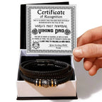 World’s Most Powerful Viking Dad Bracelet – Personalized Certificate Gift from Your Loving Child – Brave, Wise, Strong Norse Mythology Father’s Day Gift Idea – Black Braided Leather Bracelet for Dad