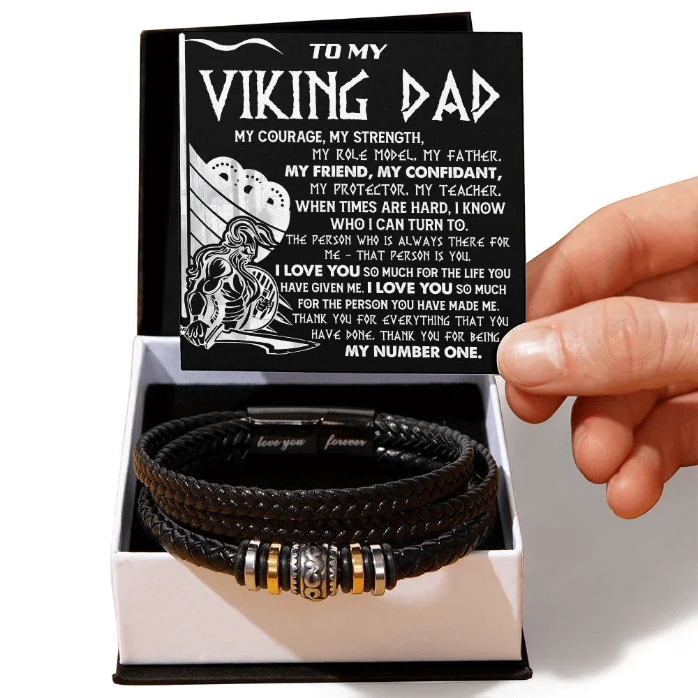 Viking Dad Father's Day, Birthday Gift - Men's Braided Vegan Leather Bracelet with Bold Viking Message Card