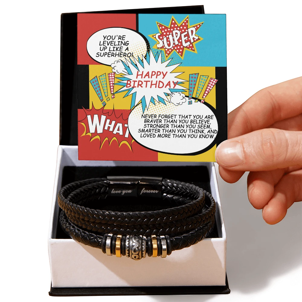 Superhero Birthday Bracelet for Him – “Love You Forever” Engraved Men's Gift | Comic Card Style for Son, Husband, or Boyfriend