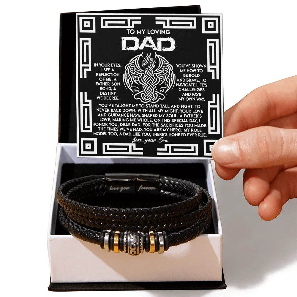 Dad Father's Day Gift from Son - Men's “Love You Forever” Bracelet with Celtic Dragon Message Card - Vegan Leather Beaded Bracelet