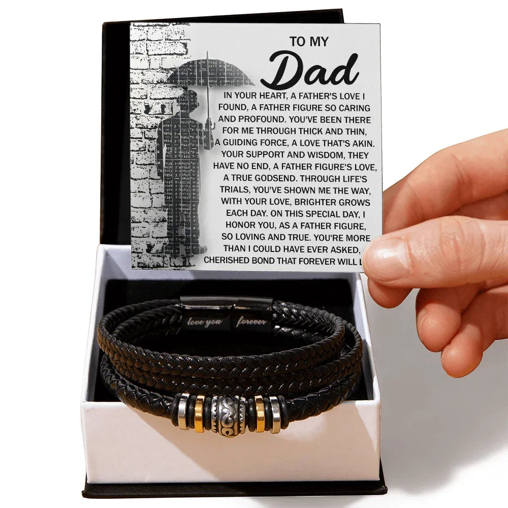 To My Dad Men's Vegan Leather Bracelet Birthday, Father's Day Gift with Heartfelt “Father Figure” Message Card -