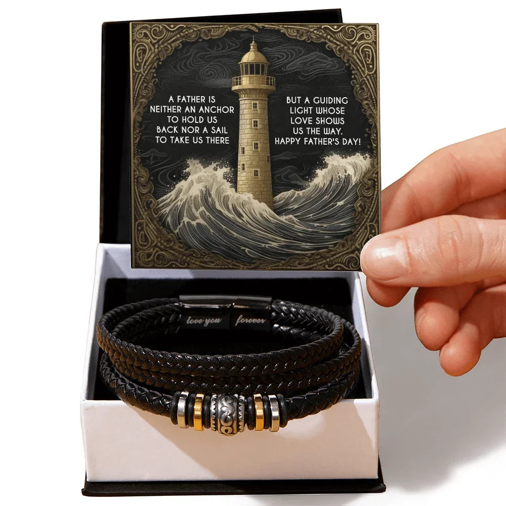 Dad Vegan Leather Bracelet Father's Day Gift - with Inspirational “Guiding Light” Lighthouse Message Card