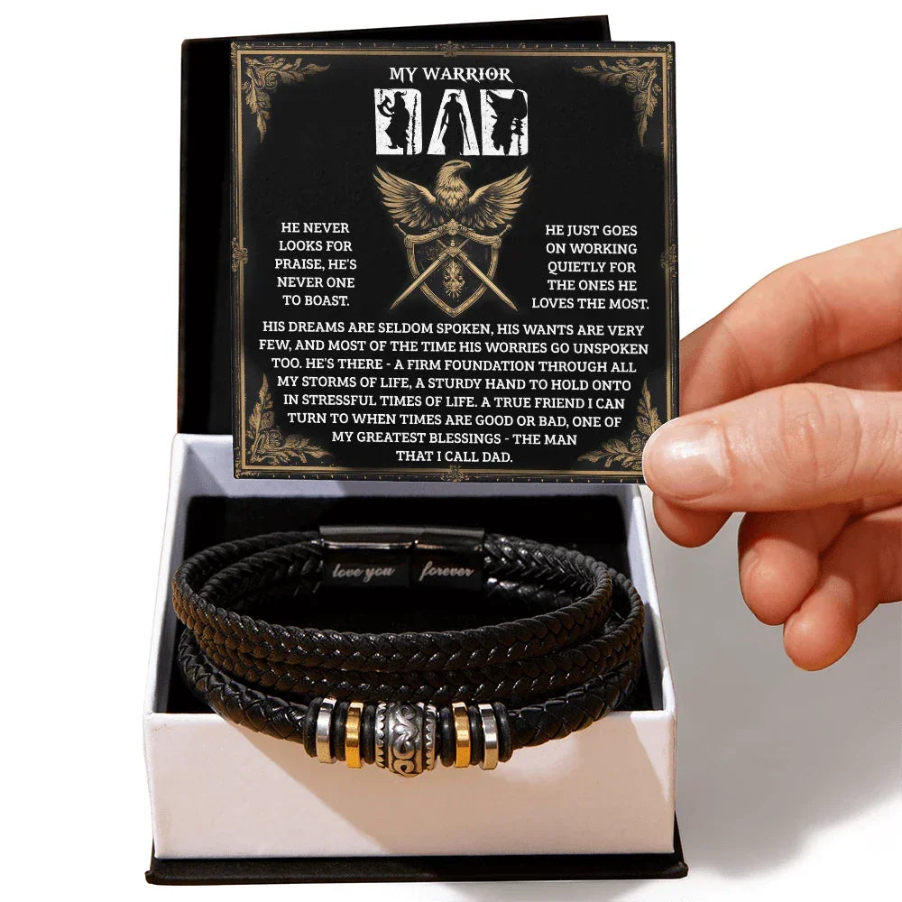 My Warrior Dad - Father's Day, Birthday Gift for Dad - Men's Braided Vegan Leather Bracelet with Quiet Strength Warrior Message Card