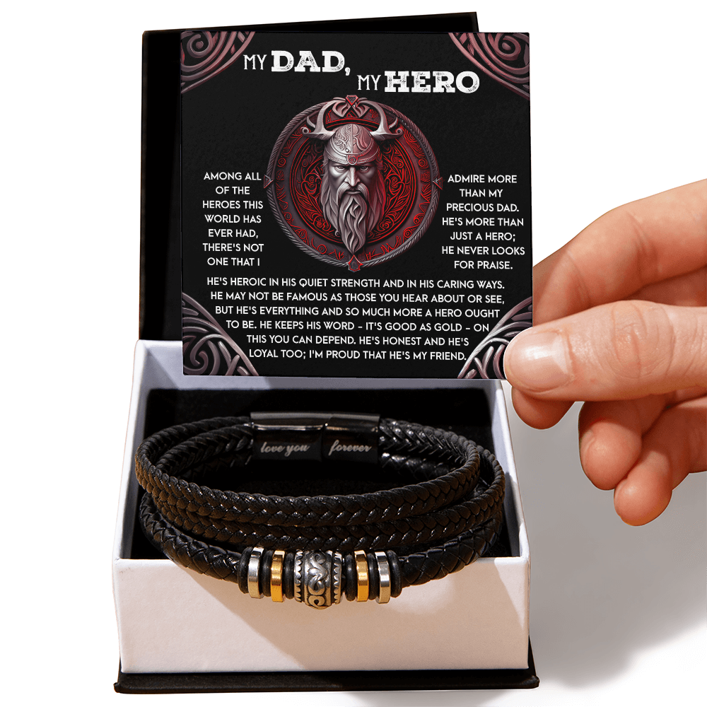 To My Dad, My Hero - Father's Day, Birthday Gift for Dad - Men's Vegan Leather Bracelet with Viking Quiet Strength Message Card - Mallard Moon Gift Shop