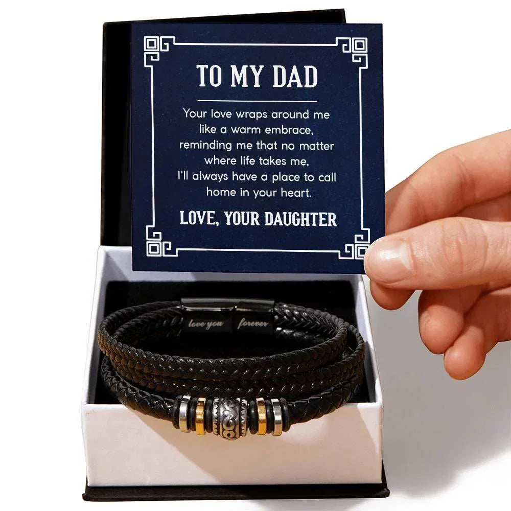 To My Dad Love You Forever Engraved Men's Braided Leather Bracelet – Sentimental Gift from Daughter for Father's Day, Birthday, or Just Because