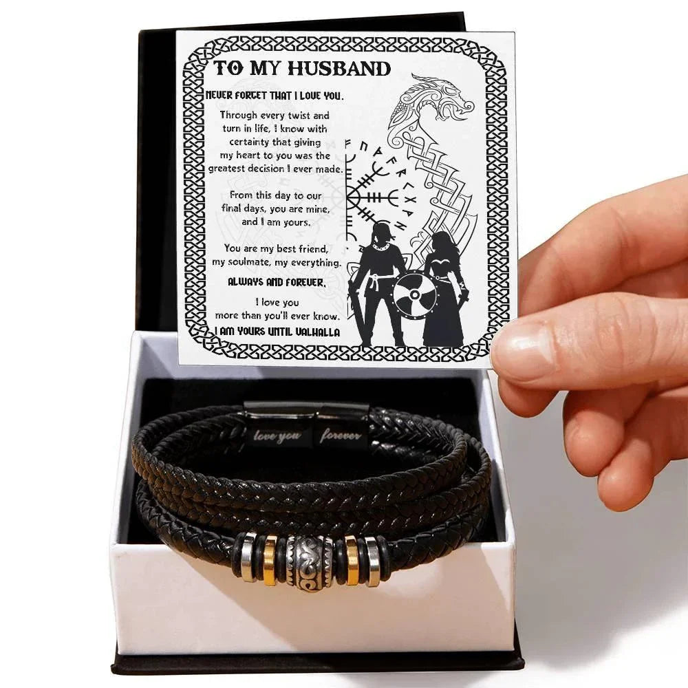 Husband Gift - I am Yours Until Valhalla Men's Braided Leather Bracelet