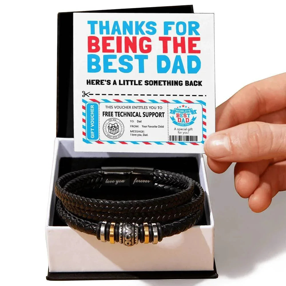 Funny Dad Gift Voucher Bracelet – Free Tech Support Token for the World’s Best Dad – Father’s Day Leather Bracelet Gift from Son or Daughter with Humorous Message Card