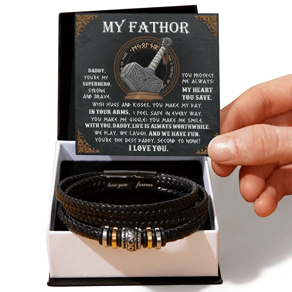 My Father Superhero Viking Men's Vegan Leather Bracelet with Norse-Inspired Superhero Message Card - Unique Gift for Dad from Son or Daughter