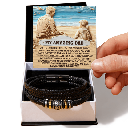 My Amazing Dad Braided Leather Bracelet from Daughter - Solid Foundation, Calm Inspiration, Loving Home, Heartfelt Father's Day Gift - Mallard Moon Gift Shop