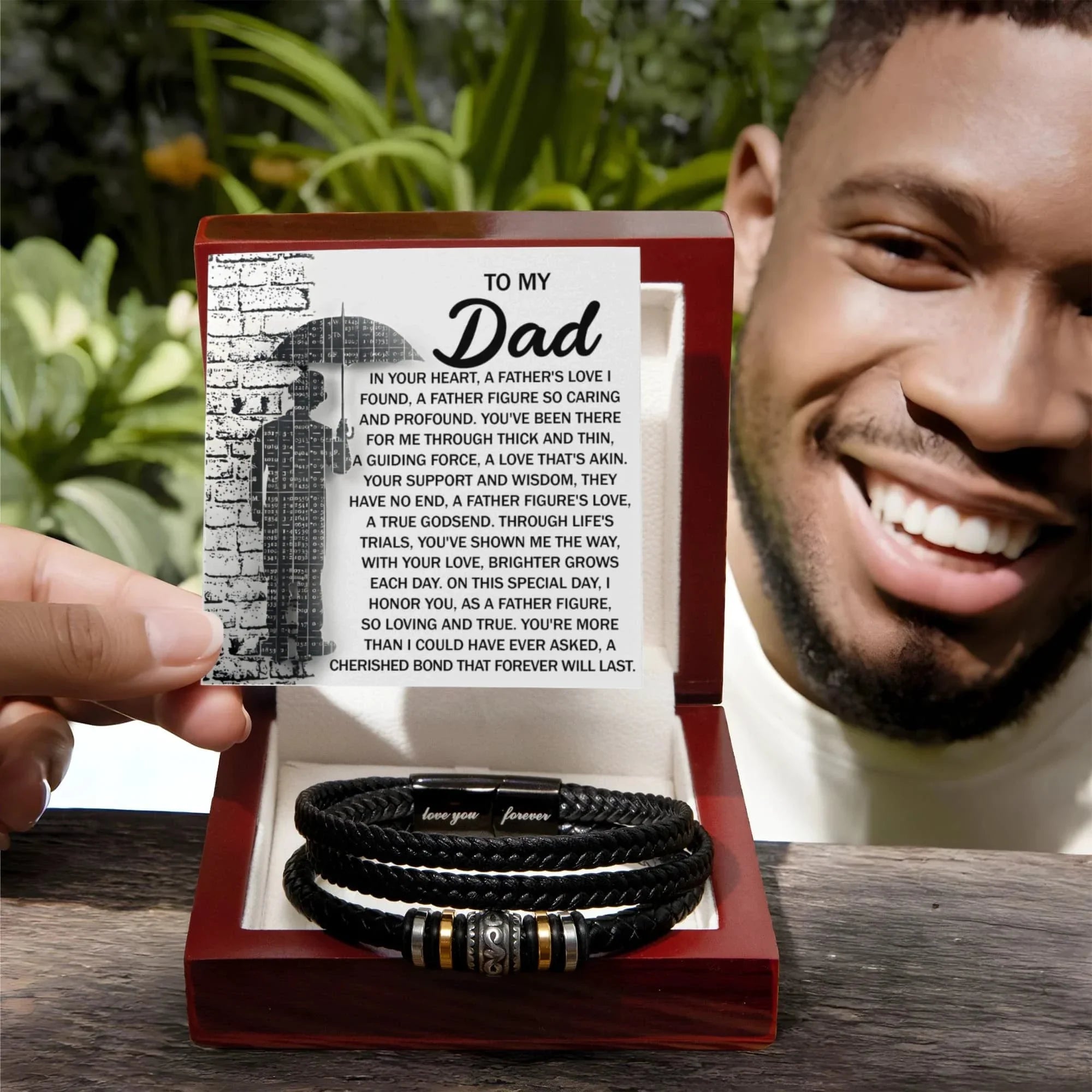 To My Dad Men's Vegan Leather Bracelet Birthday, Father's Day Gift with Heartfelt “Father Figure” Message Card -