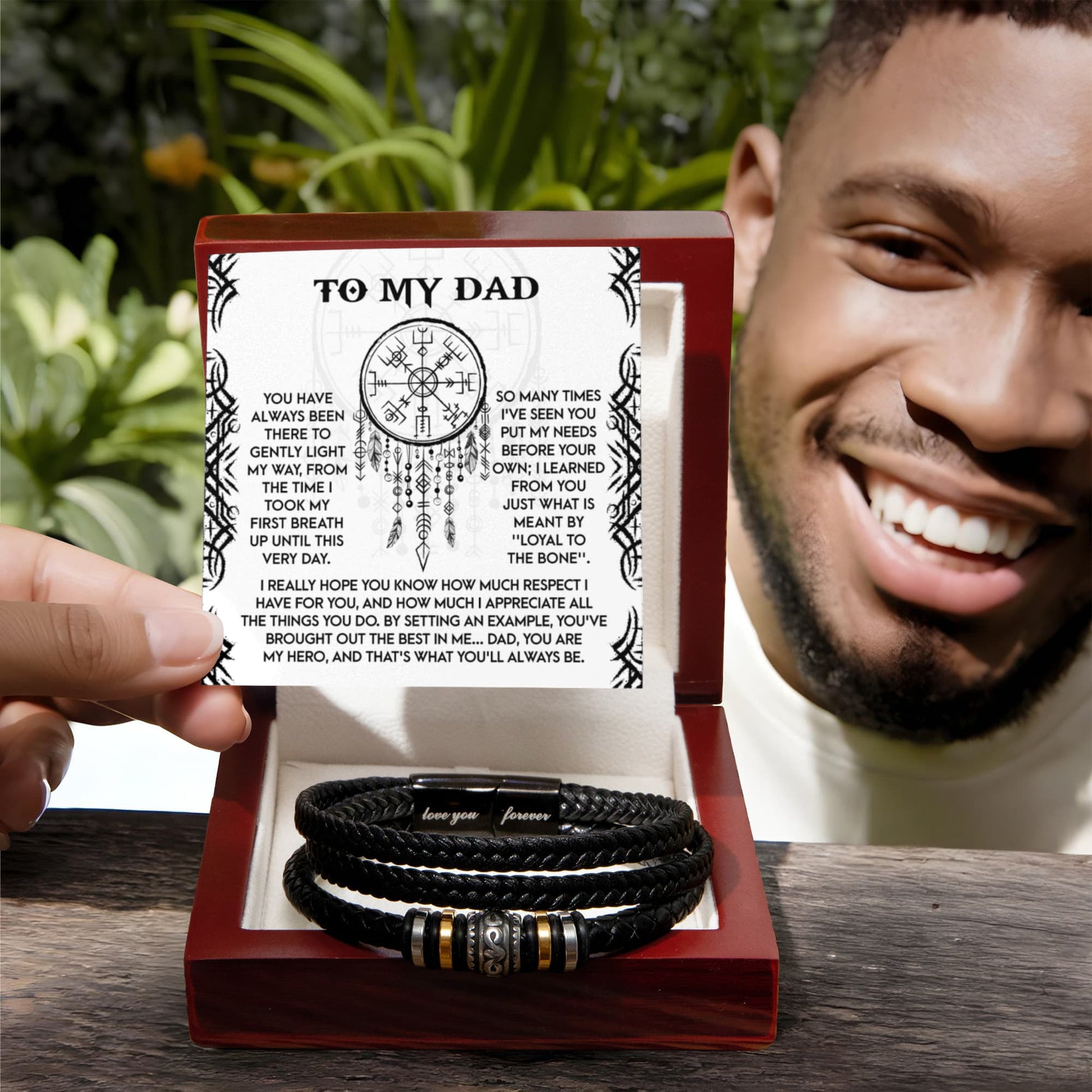 Loyal to the Bone Dad Bracelet – Viking-Inspired Gift for Father from Son or Daughter – Leather Bracelet with Sentimental Message Card - Mallard Moon Gift Shop