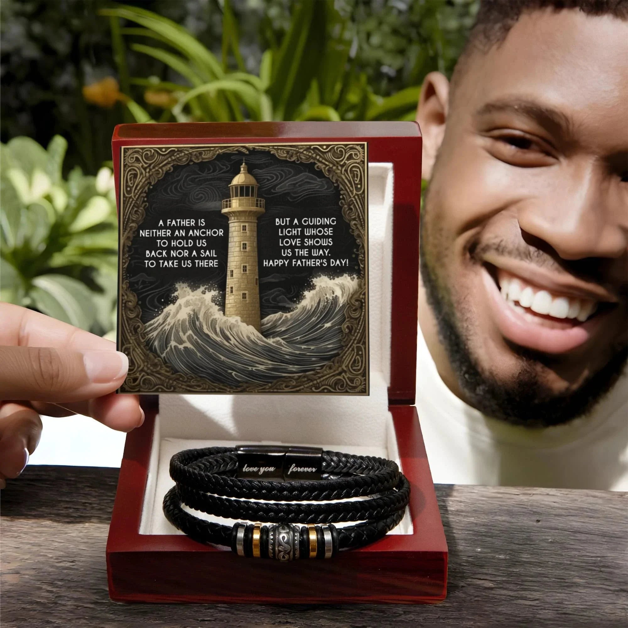 Dad Vegan Leather Bracelet Father's Day Gift - with Inspirational “Guiding Light” Lighthouse Message Card