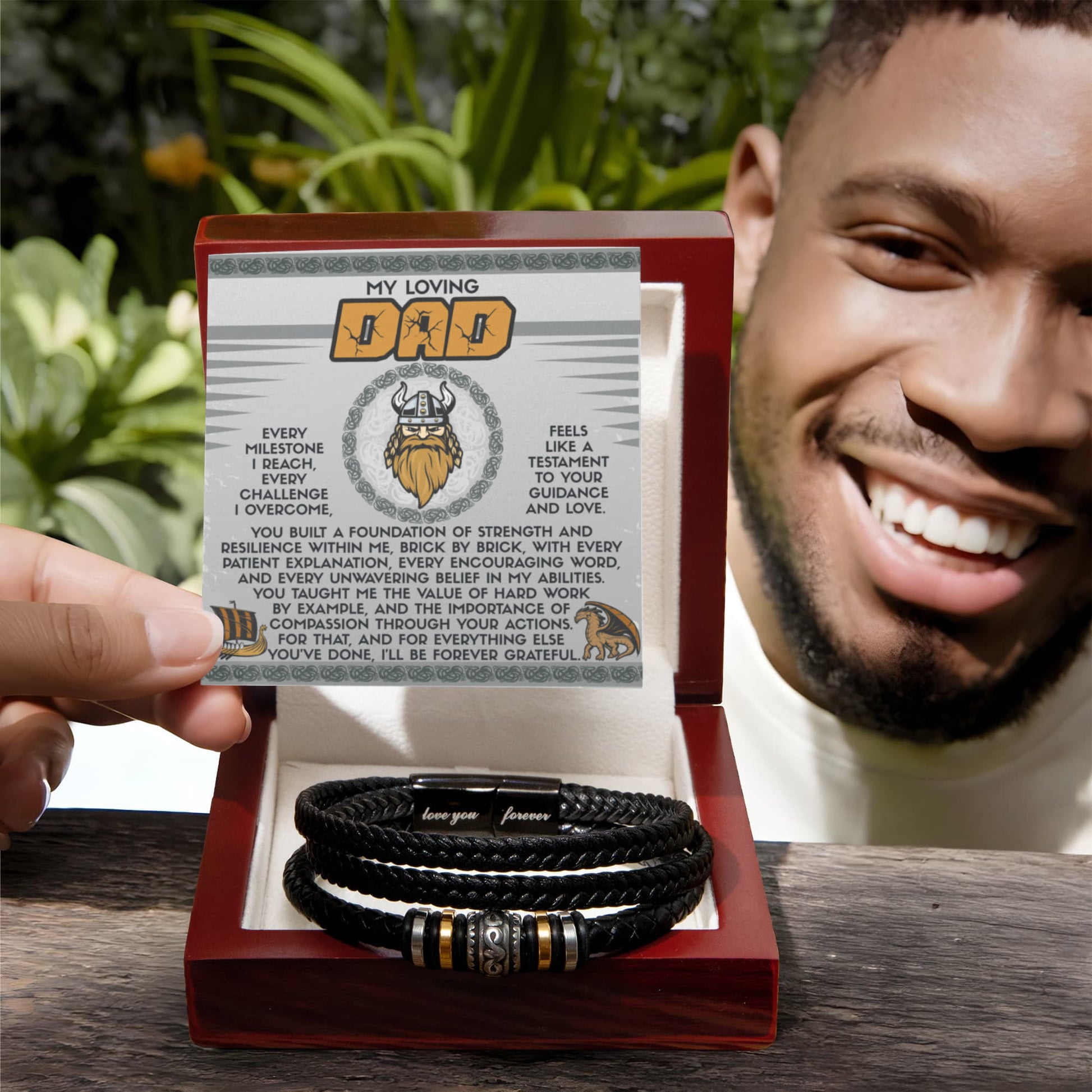 My Loving Dad Birthday, Father's Day Gift - Men's Vegan Leather Bracelet with Viking-Inspired “Foundation Builder” Message Card - Mallard Moon Gift Shop