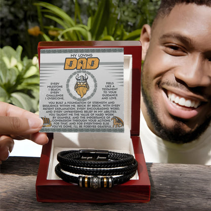 My Loving Dad Birthday, Father's Day Gift - Men's Vegan Leather Bracelet with Viking-Inspired “Foundation Builder” Message Card - Mallard Moon Gift Shop