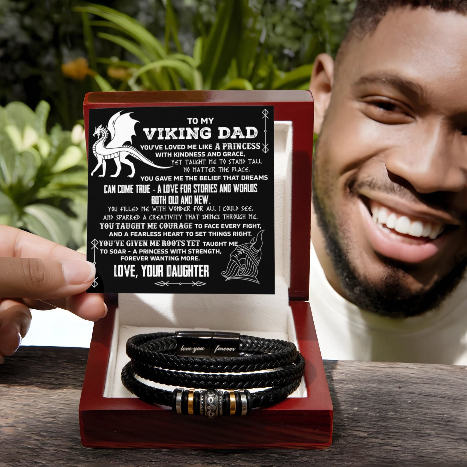 To My Viking Dad Vegan Leather Bracelet Birthday, Father's Day Gift from Daughter with Viking Dragon “Princess Strength” Message Card - Mallard Moon Gift Shop