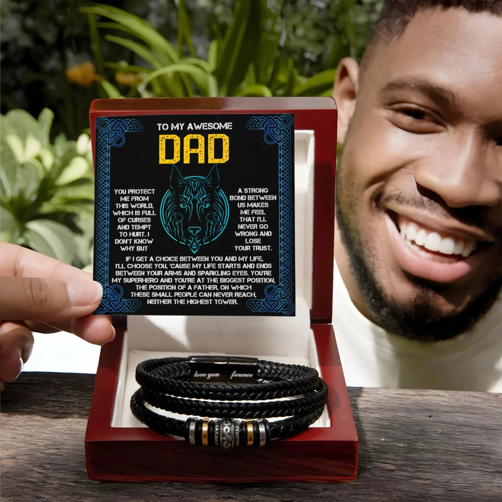 My Warrior Dad - Father's Day Gift for Dad - Men's Braided Vegan Leather Bracelet with Quiet Strength Warrior Message Card