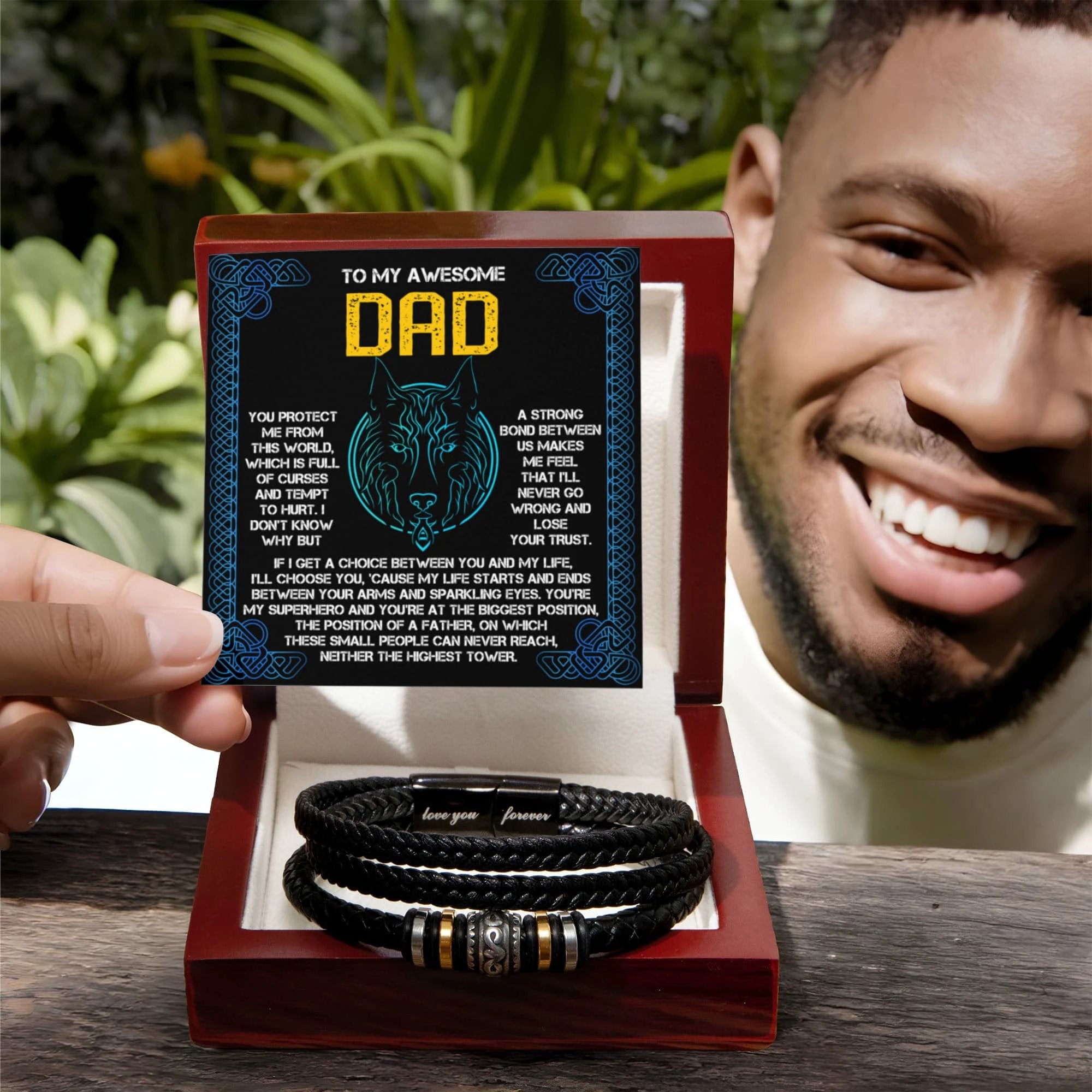 My Warrior Dad - Father's Day Gift for Dad - Men's Braided Vegan Leather Bracelet with Quiet Strength Warrior Message Card