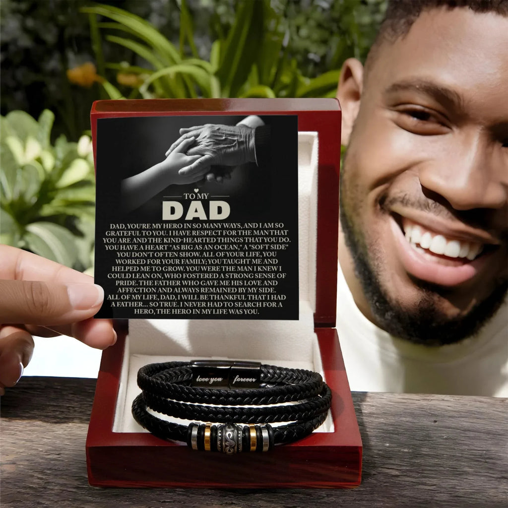 To My Dad Vegan Leather Bracelet Birthday, Father's Day Gift with Heartfelt “Hero in My Life” Message Card