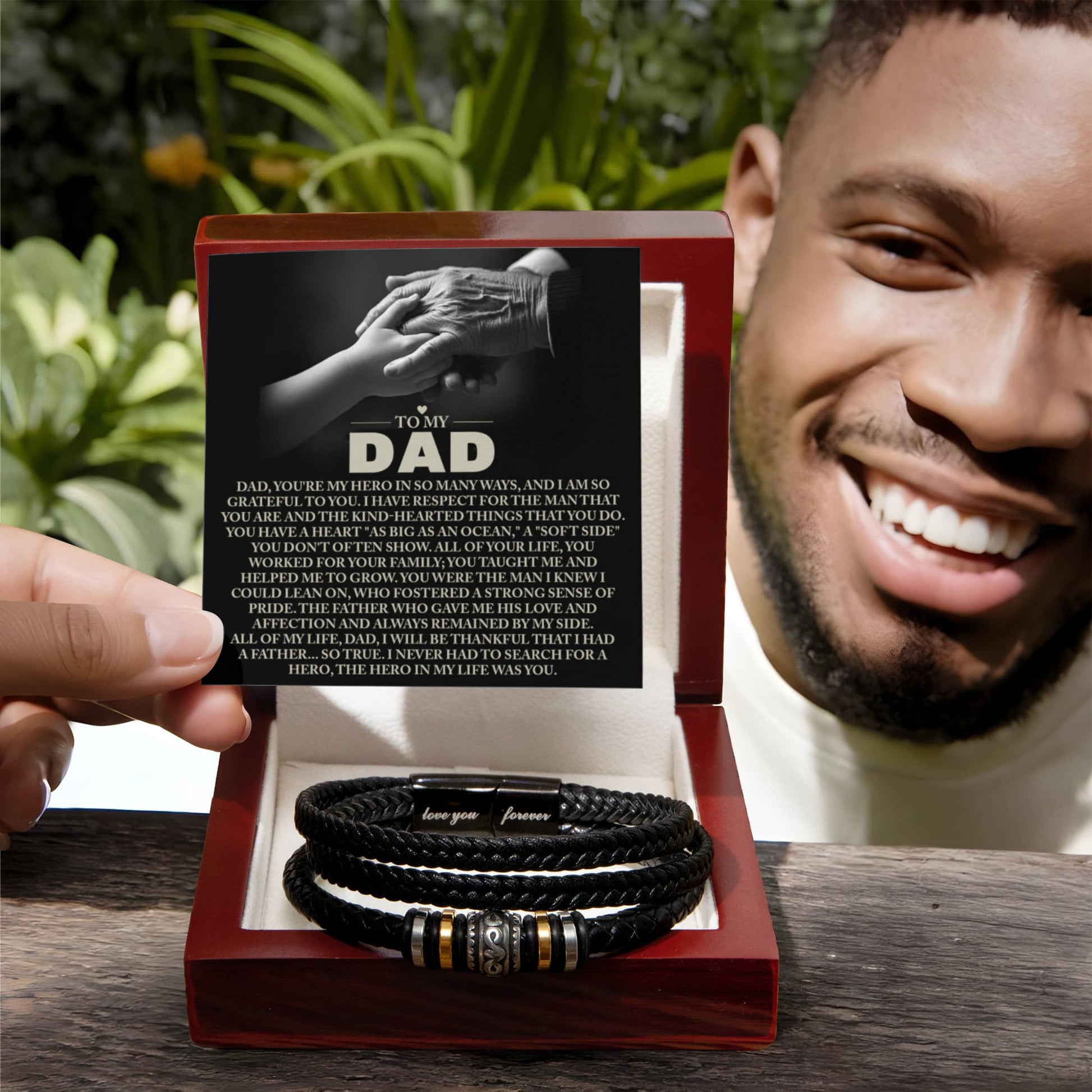 To My Dad Vegan Leather Bracelet Birthday, Father's Day Gift with Heartfelt “Hero in My Life” Message Card - Mallard Moon Gift Shop