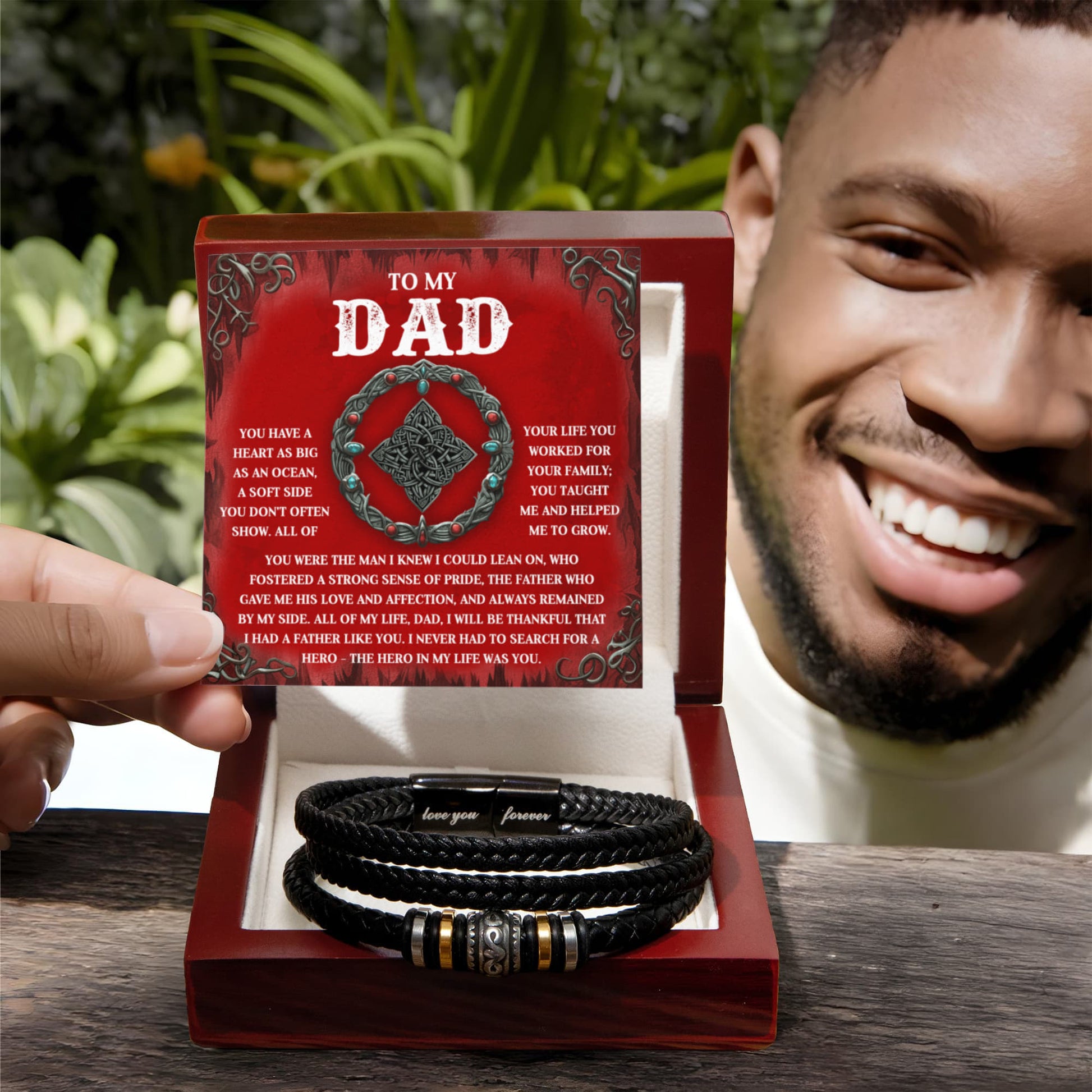 To My Dad Vegan Leather Bracelet Birthday, Father's Day Gift with Celtic-Inspired “Ocean Heart” Message Card - Mallard Moon Gift Shop