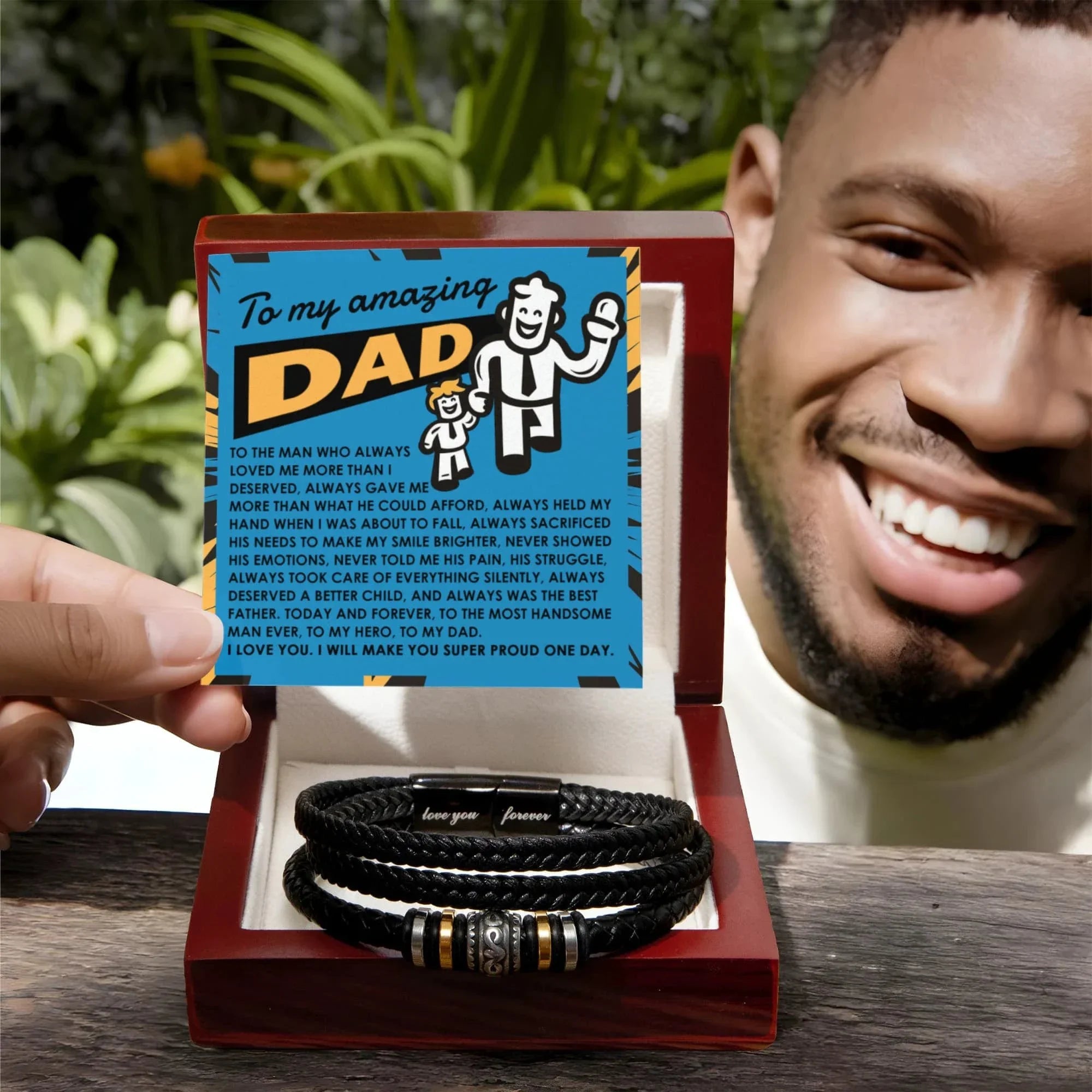 To My Amazing Dad Vegan Leather Bracelet Birthday, Father's Day Gift - with Comic-Style “Handsome Hero” Message Card