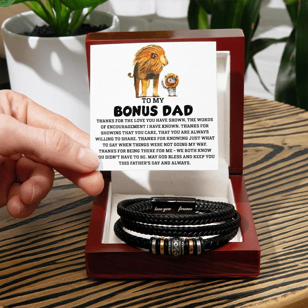 Bonus Dad Father's Day Gift - Men's Love You Forever Bracelet with Grateful Heart Message Card - Braided Vegan Leather Bracelet - Meaningful Stepdad Appreciation Gift