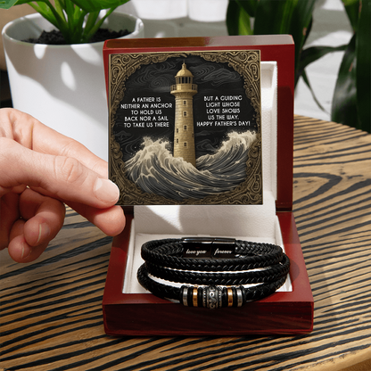 Dad Vegan Leather Bracelet Father's Day Gift - with Inspirational “Guiding Light” Lighthouse Message Card - Mallard Moon Gift Shop