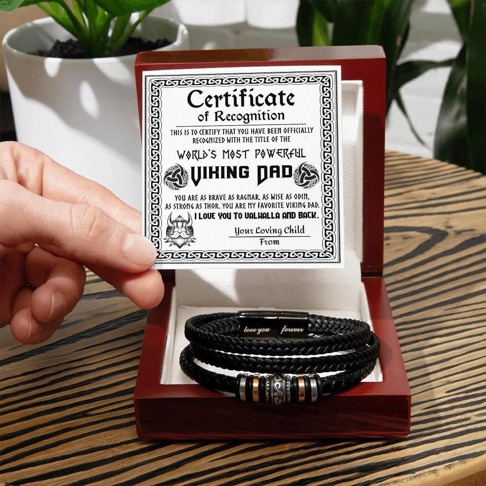 World’s Most Powerful Viking Dad Bracelet – Personalized Certificate Gift from Your Loving Child – Brave, Wise, Strong Norse Mythology Father’s Day Gift Idea – Black Braided Leather Bracelet for Dad