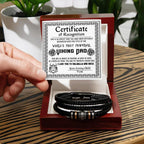 World’s Most Powerful Viking Dad Bracelet – Personalized Certificate Gift from Your Loving Child – Brave, Wise, Strong Norse Mythology Father’s Day Gift Idea – Black Braided Leather Bracelet for Dad