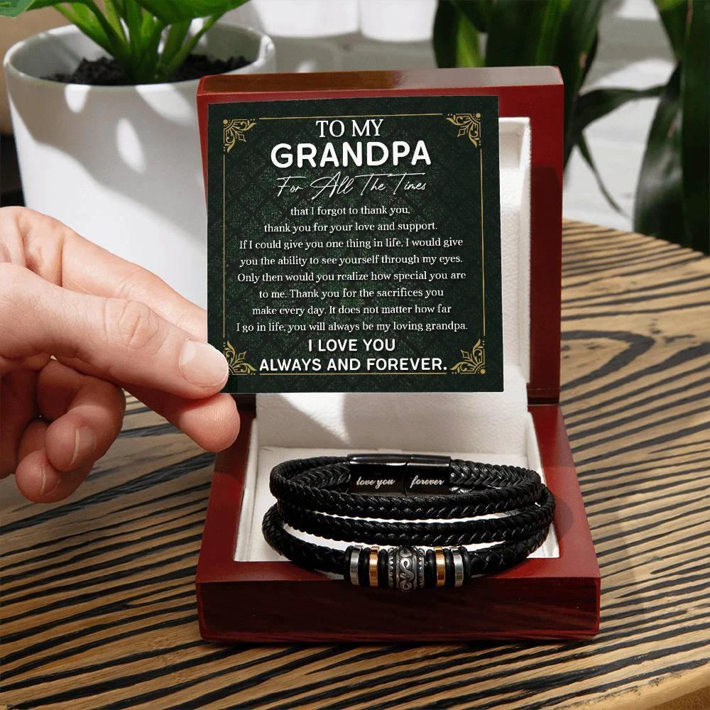 Grandpa Gift Thank You for Your Love and Support Black Braided Leather Men's Bracelet