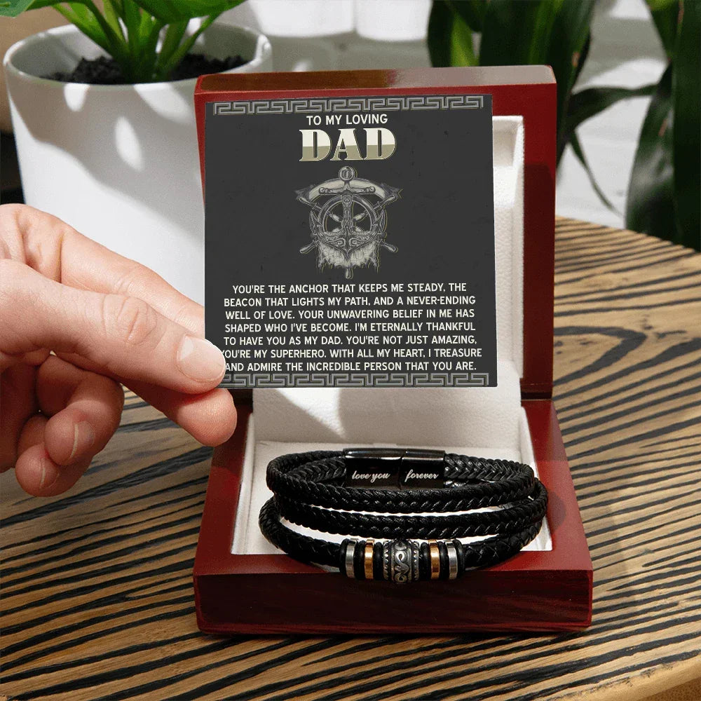 To My Loving Dad- Viking Anchor Braided Leather Bracelet with Inspirational Card - Father's Day, Birthday, or Christmas Gift for Dad from Son or Daughter