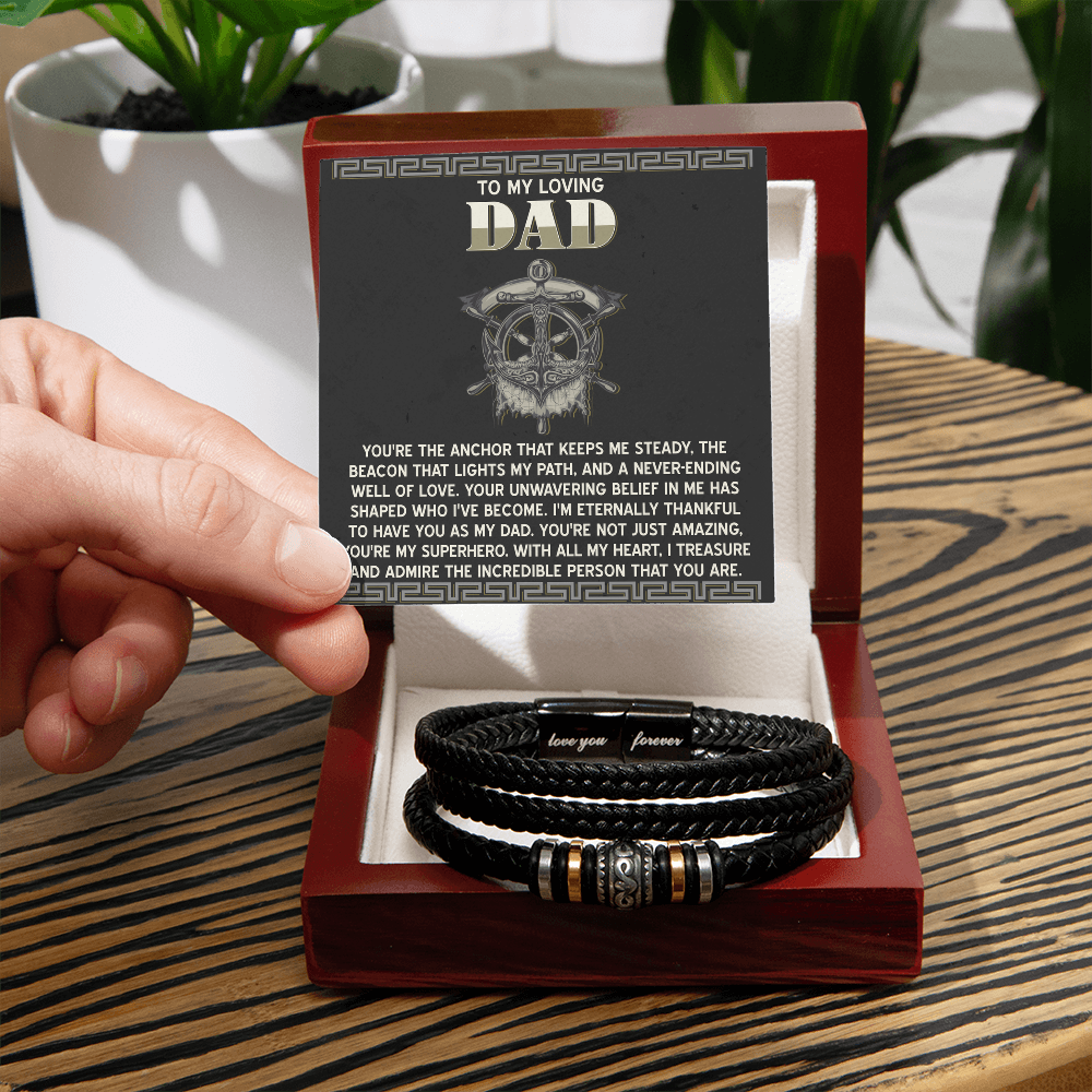 To My Loving Dad- Viking Anchor Braided Leather Bracelet with Inspirational Card - Father's Day, Birthday, or Christmas Gift for Dad from Son or Daughter - Mallard Moon Gift Shop
