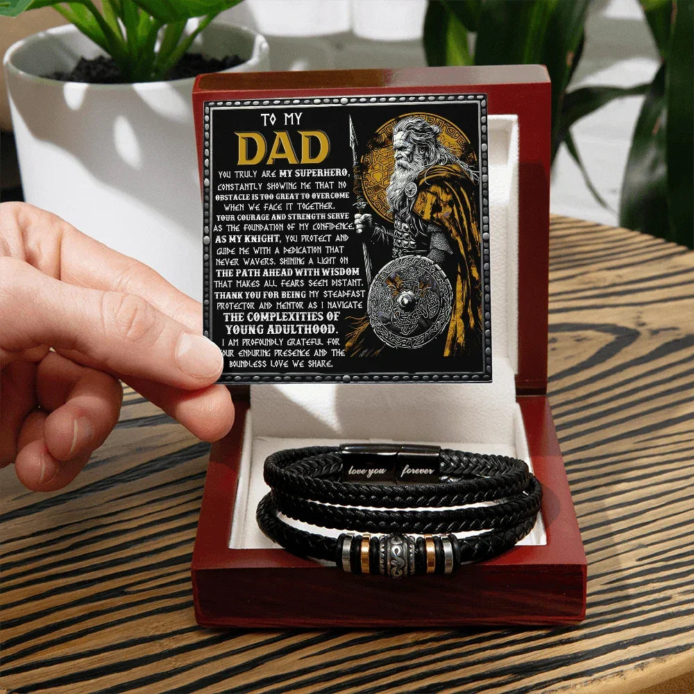 To My Dad Braided Leather Bracelet with Superhero Knight Viking Dad Message Card - Thoughtful Father's Day, Birthday Gift from Son or Daughter for Strong and Courageous Fathers
