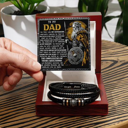 To My Dad Braided Leather Bracelet with Superhero Knight Viking Dad Message Card - Thoughtful Father's Day, Birthday Gift from Son or Daughter for Strong and Courageous Fathers - Mallard Moon Gift Shop