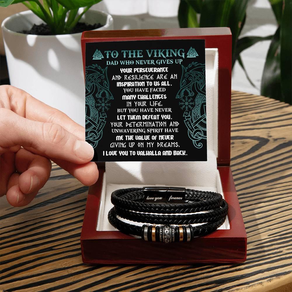 To My Viking Dad - Never Giving Up - Black Braided Leather Men's Bracelet - Mallard Moon Gift Shop
