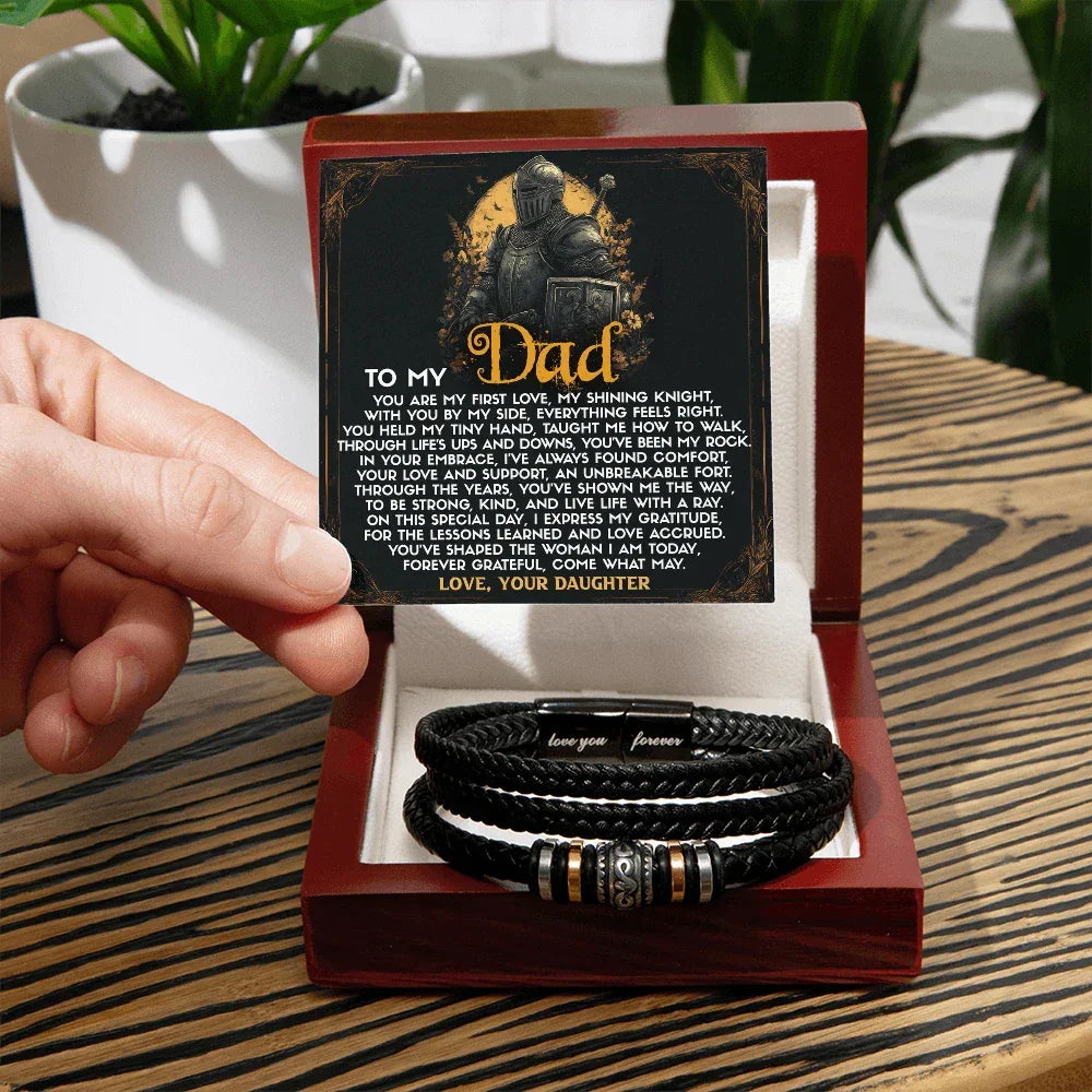 To My Dad from Daughter Birthday, Father's Day Gift - Men's Vegan Leather Bracelet with First Love Message Card
