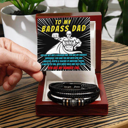 To My Badass Dad - You Are My Favorite Superhero - Men's Braided Leather Bracelet with Gift Box - Mallard Moon Gift Shop