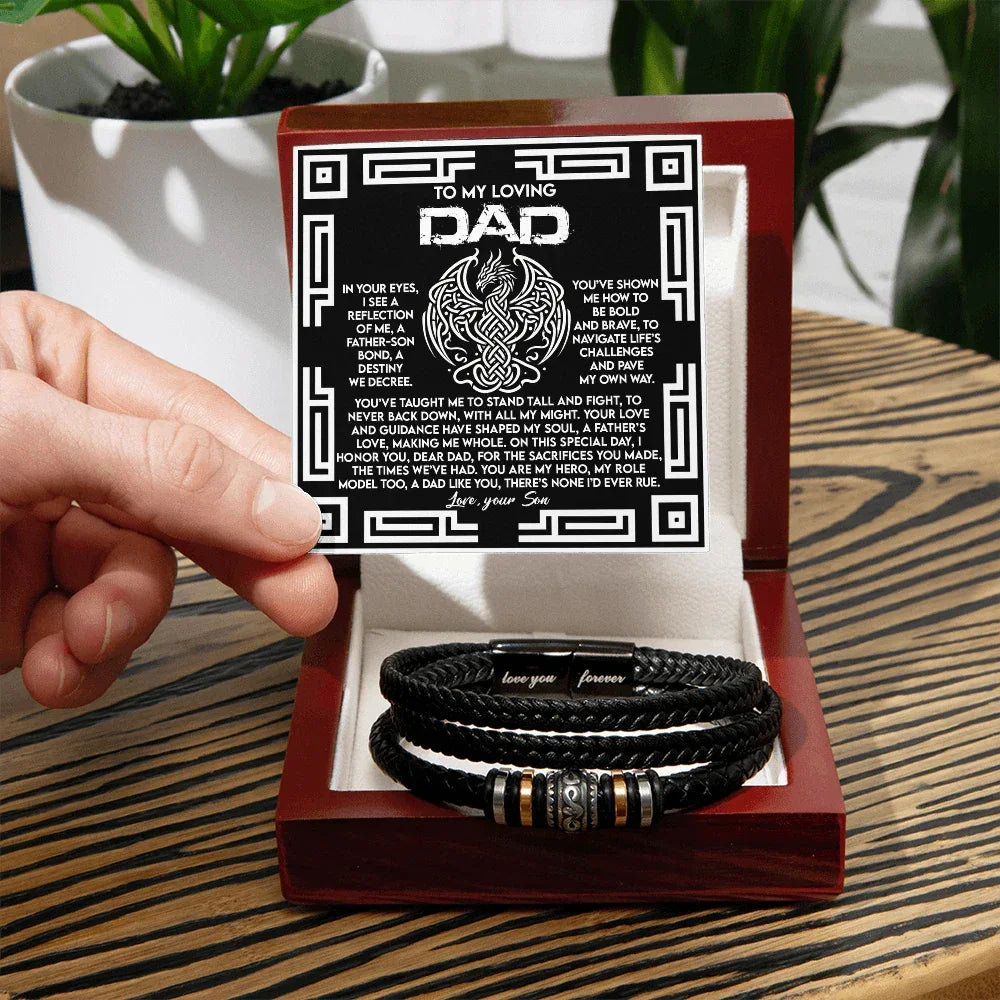 Dad Father's Day Gift from Son - Men's “Love You Forever” Bracelet with Celtic Dragon Message Card - Vegan Leather Beaded Bracelet