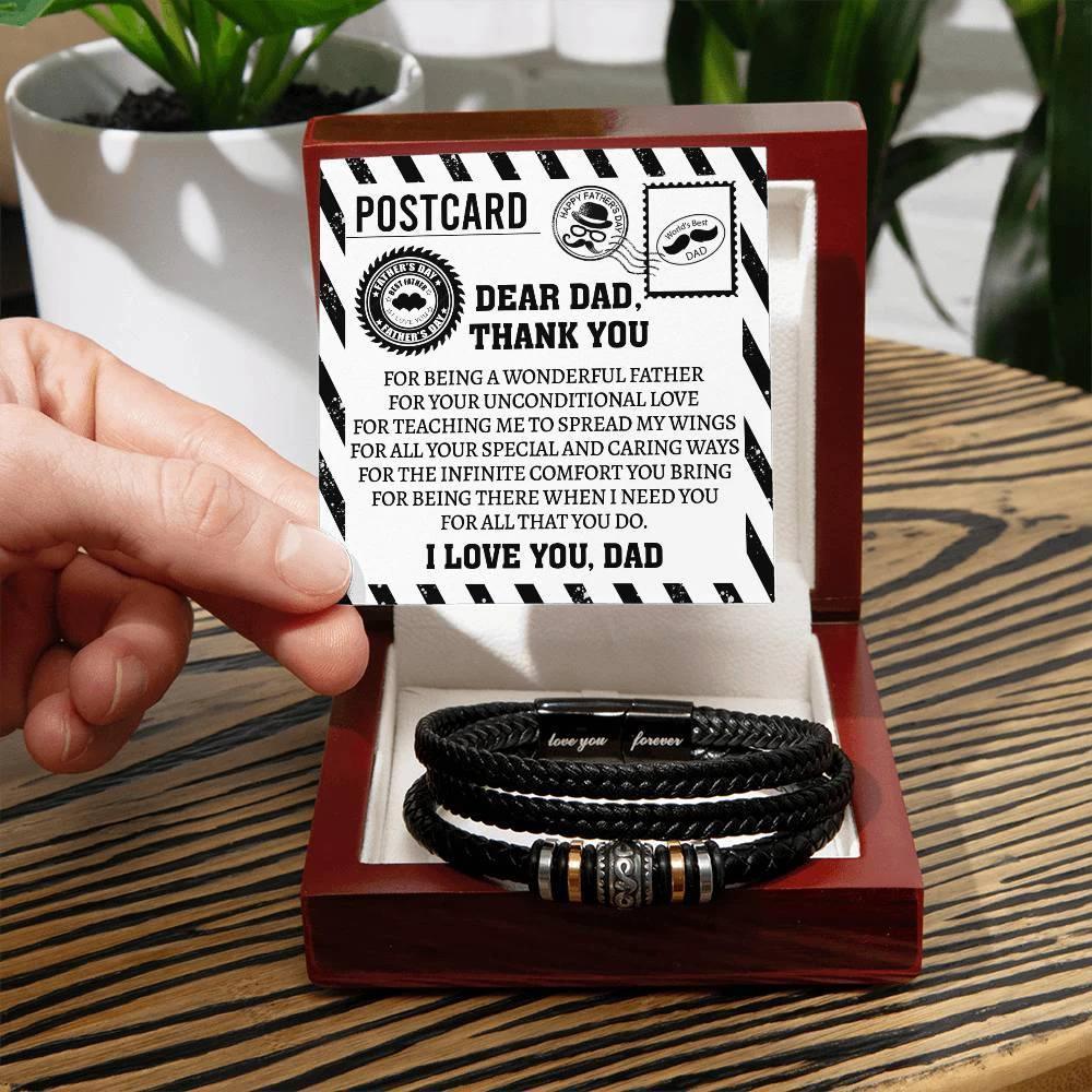 Dad Postcard Gift-Thank You for Teaching Me to Spread My Wings -Braided Leather Men's Bracelet
