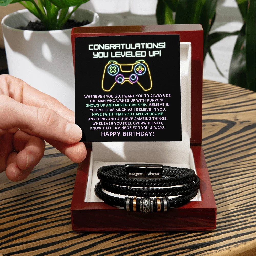 Level-Up Birthday Bracelet for Him – “Love You Forever” Gamer Gift | Encouraging Message for Son, Boyfriend, or Husband