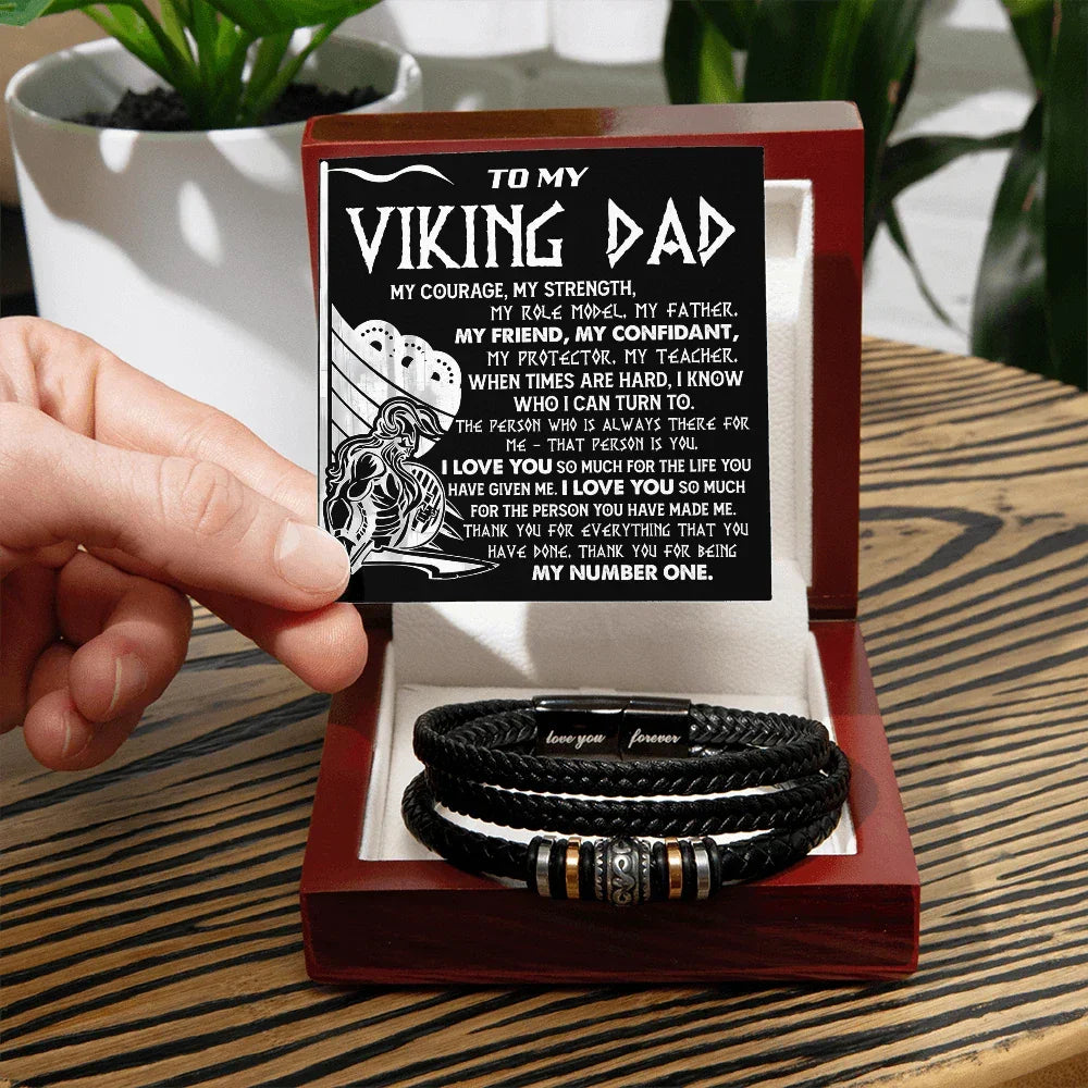 Viking Dad Father's Day, Birthday Gift - Men's Braided Vegan Leather Bracelet with Bold Viking Message Card