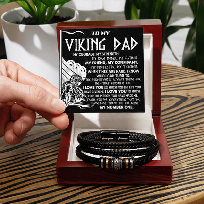 Viking Dad Father's Day, Birthday Gift - Men's Braided Vegan Leather Bracelet with Bold Viking Message Card - Mallard Moon Gift Shop